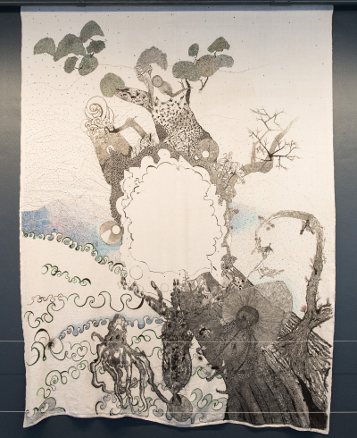 Sumi and Sennelier ink on early 20th century hemp bedsheet, 2013.
